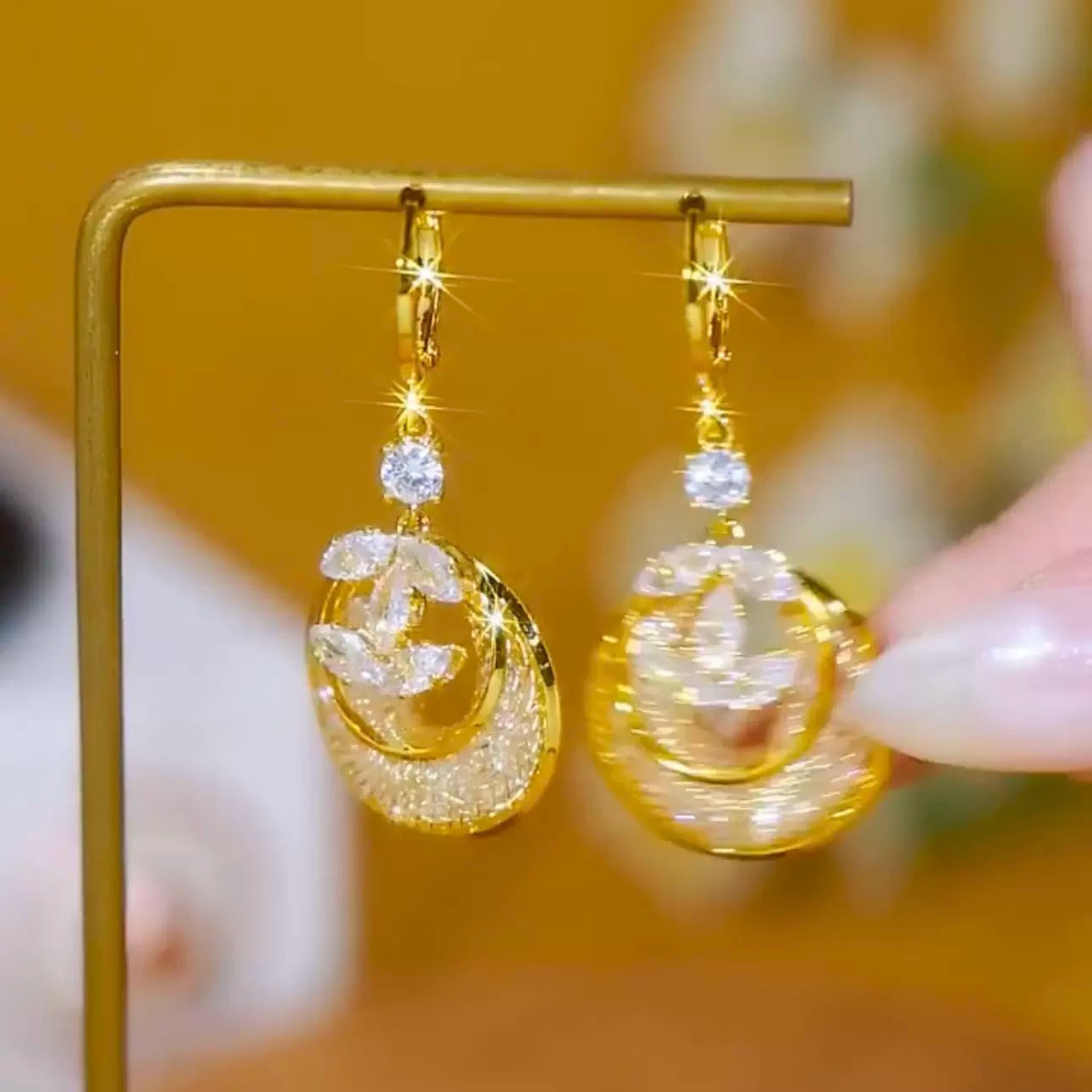 Mesh champagne zircon earrings(18k gold plated)
