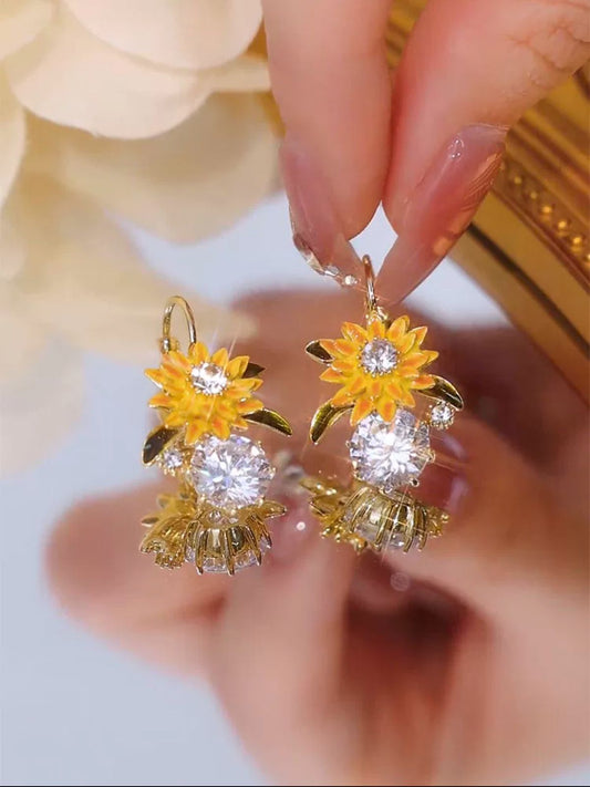 Sunflower Diamond zircon earrings(Gold plated)